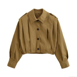 Women's Fashion Short Jacket Pleated Texture 100% Polyester Lapel Single Breasted Loose Casual Coat Spring Autumn Long Sleeve Outwear For Women