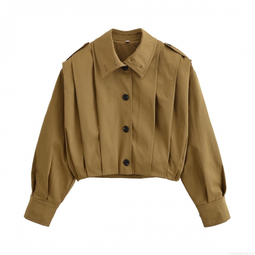 Women's Fashion Short Jacket Pleated Texture 100% Polyester Lapel Single Breasted Loose Casual Coat Spring Autumn Long Sleeve Outwear For Women