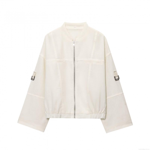 Women's Short Utility Jacket Zip Up Stand Collar Long Sleeve Outwear Loose Fit Rice White Imitation Wool Fabric Casual Jacket For Autumn Winter Ladies