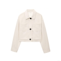 Women's Short Lapel Jacket Linen Blend Casual Long Sleeve Outerwear With Black Buttons And Dual Chest Pockets For Daily Work Spring Autumn