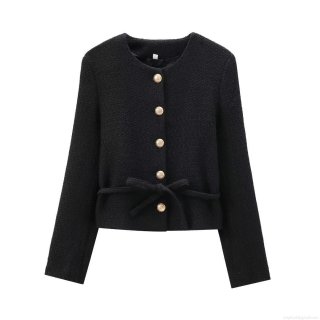 Women Black Tweed Jacket Elegant Short Coat With Belt Gold Buttons Vintage Slim Fit Chanel Style Blazer For Office Lady Party Outerwear