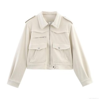 Women's Suede Workwear Jacket Casual Lapel Zipper Short Outerwear With Flap Pockets Shoulder Straps Beige Autumn Winter Fashion Streetwear Coat