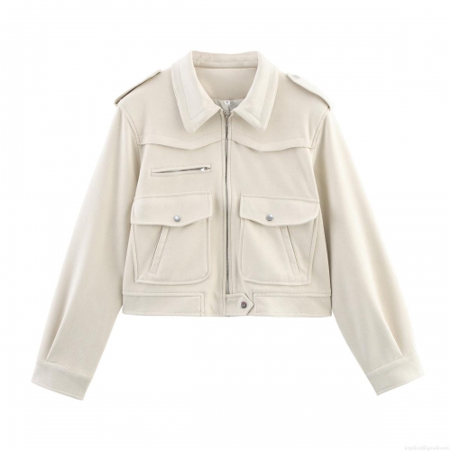 Women's Suede Workwear Jacket Casual Lapel Zipper Short Outerwear With Flap Pockets Shoulder Straps Beige Autumn Winter Fashion Streetwear Coat