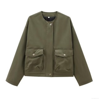 Women's Casual Army Green Workwear Jacket Loose Fashion Contrast Cuffs Long Sleeve Outerwear With Multi Pockets Zipper Button Closure Spring Autumn Coat