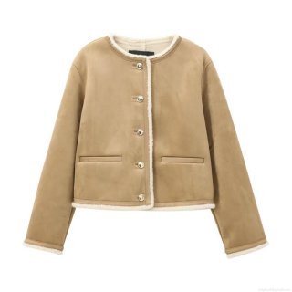 Women's Faux Suede Sherpa Lined Jacket Winter Warm Fleece Shearling Coat With Golden Buttons Khaki Casual Cropped Outwear For Ladies Fashion