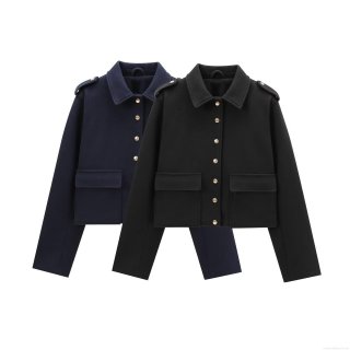 Women's Short Woolen Jacket Elegant Lapel Collar Gold Buttons Long Sleeve Commute Outerwear Solid Color Coat Autumn Winter Fashion Casual Apparel