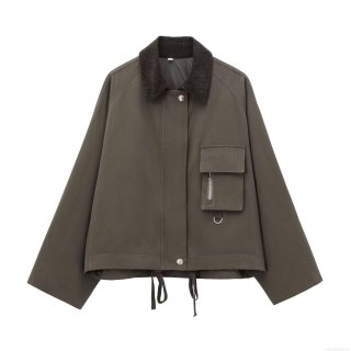 Women's Waxed Coated Jacket With Corduroy Collar Casual Loose Military Workwear Style Coat Long Sleeve Zipper Pocket Outerwear For Women