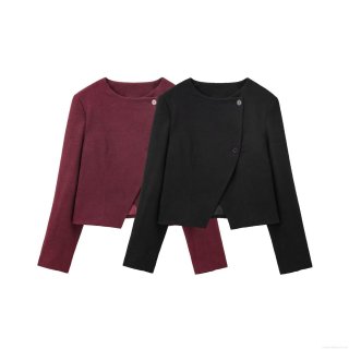 Women's Short Outerwear Minimalist Asymmetric Hem Round Neck Single Breasted Polyester Brushed Twill Jacket For Casual Office Wear