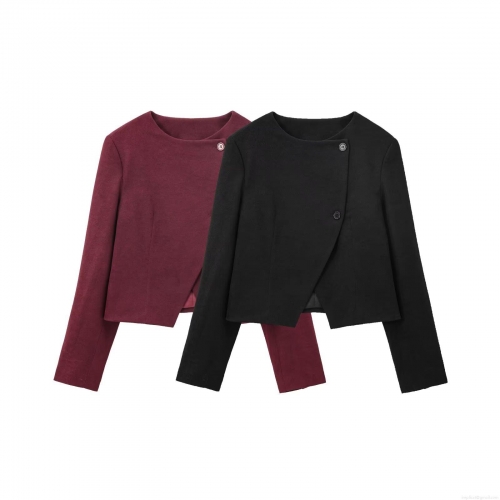 Women's Short Outerwear Minimalist Asymmetric Hem Round Neck Single Breasted Polyester Brushed Twill Jacket For Casual Office Wear