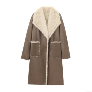 Women's Long Coat Double Sided Faux Suede With Faux Fur Collar Warm Winter Outwear Elegant Lapel Long Sleeve Jacket For Women