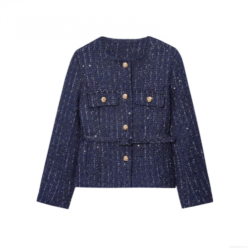 Women Fashion Navy Blue Tweed Jacket With Sequins Long Sleeve Lapel Collar Gold Buttons Decoration Casual Elegant Short Coat For Lady