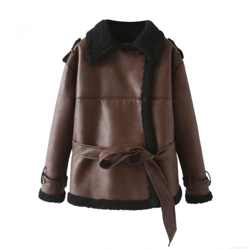 Women's Faux Leather Fur Integrated Jacket Belted Dark Brown PU Leather Coat With Synthetic Lamb Wool Lining Lapel Long Sleeve Winter Warm Outerwear Streetwear
