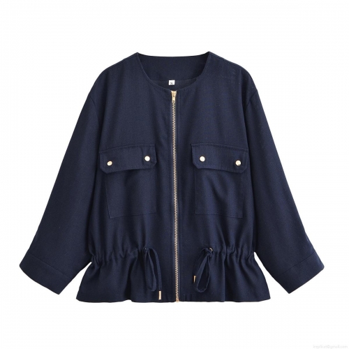 Women's Navy Blue Polyester Safari Jacket Casual Drawstring Waist Coat With Gold Buttons Round Neck Long Sleeve Lightweight Outerwear For Ladies