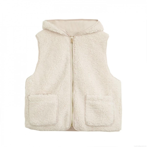 Women's Casual Sherpa Fleece Hooded Vest Zip Up Sleeveless Jacket Warm Thickened Winter Waistcoat With Pockets Outerwear