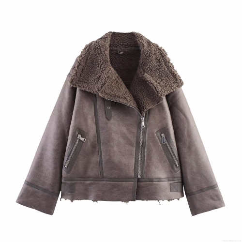 Women's Faux Fur Shearling Moto Jacket Winter Warm Faux Suede Biker Coat With Faux Fur Lining And Stand Collar Zipper Mid-Length Outerwear