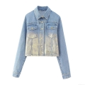 Women's Vintage Short Denim Jacket Metallic Gold Gradient Coating Distressed Washed Lapel Long Sleeve Cropped Jean Coat Fashion Streetwear Jacket