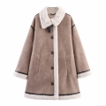 Women's Faux Suede Shearling Coat Warm Winter Jacket With Faux Fur Lining Contrast Trim Long Sleeve Outerwear For Casual Daily Streetwear