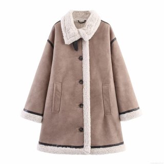 Women's Faux Suede Shearling Coat Warm Winter Jacket With Faux Fur Lining Contrast Trim Long Sleeve Outerwear For Casual Daily Streetwear