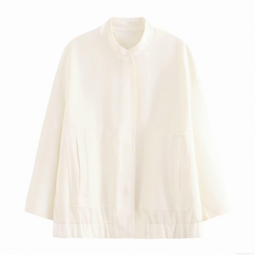 Women's Minimalist Bomber Jacket Solid Color Stand Collar Short Crop Coat With Full Zip And Elastic Hem Casual Lightweight Outerwear For Ladies