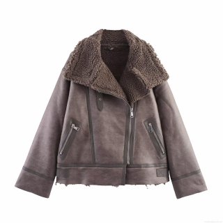 Women's Faux Shearling Aviator Jacket Biker Short Coat Faux Suede Fur Lining Stand Collar Zipper Warm Winter Outwear Elegant Vintage Lady Styling