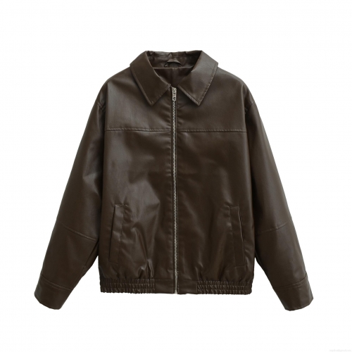 Women's Casual Faux Leather Bomber Jacket Long Sleeve Zip Up Loose Fit Streetwear PU Leather Coat With Polyester Lining For Daily Winter Autumn Fashion