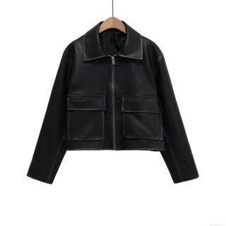 Women's Casual PU Leather Jacket Oversized Motorcycle Biker Coat With Flap Pockets Long Sleeve Lapel Collar Zip Up Outerwear For Ladies