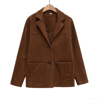 Women's Suede Blazer Jacket Long Sleeve Single Breasted Dark Brown Lapel Polyester Outerwear Casual Fashion Spring Autumn Jacket