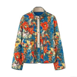Women's Quilted Jacket Vintage Floral Print Padded Coat Stand Collar Long Sleeve Outerwear Autumn Winter Ethnic Style Polyester Padded Warm Jacket