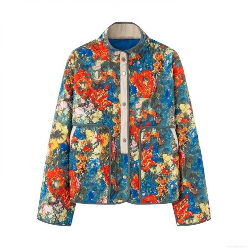 Women's Quilted Jacket Vintage Floral Print Padded Coat Stand Collar Long Sleeve Outerwear Autumn Winter Ethnic Style Polyester Padded Warm Jacket