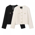 Elegant French Style Tweed Jacket For Women Long Sleeve Round Neck Outerwear With Gold Metal Buttons Classic Casual Office Lady Coat Autumn Winter