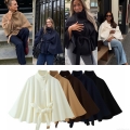 Women's Elegant Cape Coat Woolen Blend Stand Collar Short Cloak Jacket With Belt Solid Color Urban Fashion Outerwear For Autumn Winter Ladies