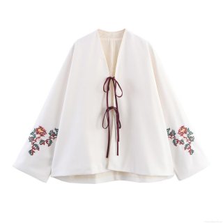 Women's Vintage Embroidered Kimono Jacket Elegant Floral Print Long Sleeve Outerwear With Red Ribbon Tie Loose Fit Satin Finish Casual Coat