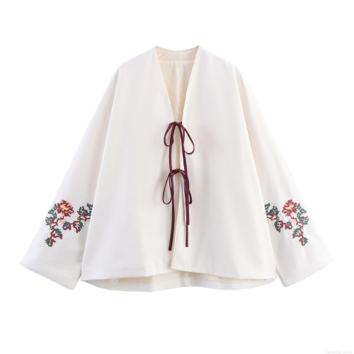 Women's Vintage Embroidered Kimono Jacket Elegant Floral Print Long Sleeve Outerwear With Red Ribbon Tie Loose Fit Satin Finish Casual Coat