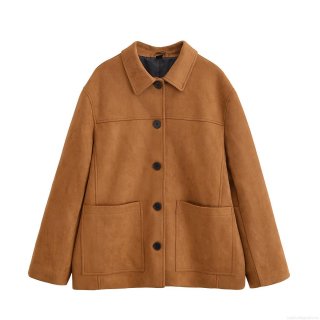 Women's Faux Suede Jacket Turn Down Collar Button Up Loose Fit Casual Streetwear Outerwear Coat With Big Pockets For Autumn Winter Daily Wear