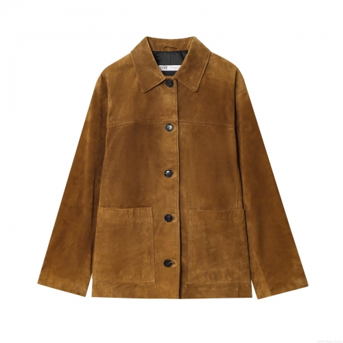 Women Suede Jacket Short Faux Leather Coat Lapel Neck Single Breasted Long Sleeve Outwear With Large Pockets Solid Color Fashion Casual Jackets For Women Autumn Winter