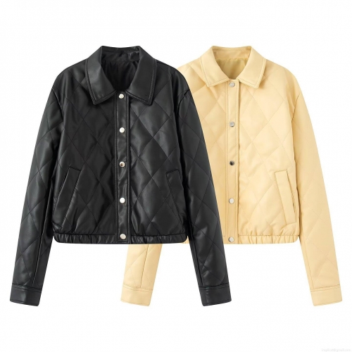 Women's Vintage Diamond Quilted PU Leather Jacket Lapel Short Cotton Padded Coat Single Breasted Warm Puffer Outerwear Streetwear For Autumn Winter