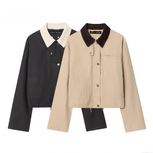 Women's American Vintage Workwear Short Jacket With Corduroy Collar Cotton Canvas Splicing Button Down Outwear Coat For Women Streetwear