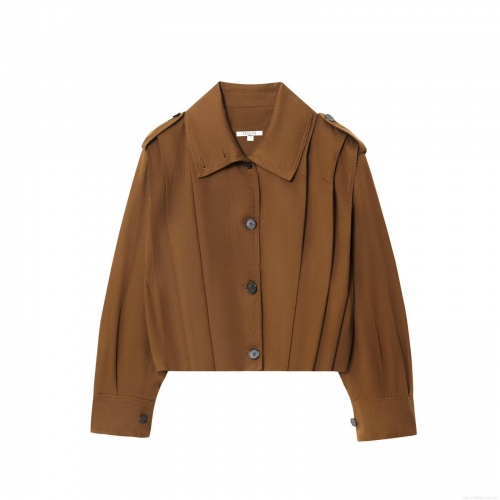 Women's Fashion Casual Lapel Crop Jacket Solid Color Long Sleeve Pleated Shirt Jacket With Shoulder Straps Single Breasted Elegant Outerwear For Spring Autumn