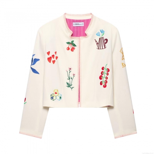 Women's Short Embroidery Jacket 100% Polyester Long Sleeve Round Neck Cream White Outerwear Floral Cartoon Heart Pattern Casual Sweet Style Coat