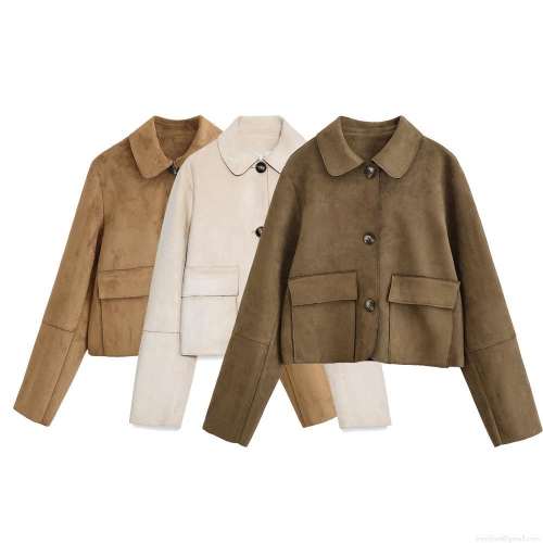 Women's Casual Faux Suede Short Jacket Lapel Collar Single Breasted Coat With Large Pockets Utility Workwear Style Outerwear For Ladies Spring Autumn