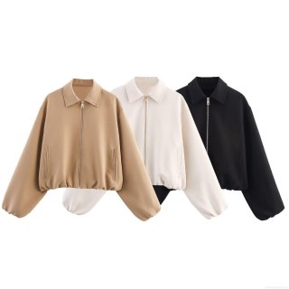 Women's Fashion Casual Solid Color Lapel Zipper Oversized Jacket Short Bomber Outwear Coat with Pockets for Autumn Spring