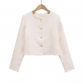 Women's Elegant Short Tweed Jacket Round Neck Single Breasted Fringed Trim Outwear Long Sleeve Cropped Coat For Office Party Socialite Style