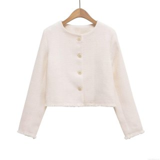 Women's Elegant Short Tweed Jacket Round Neck Single Breasted Fringed Trim Outwear Long Sleeve Cropped Coat For Office Party Socialite Style