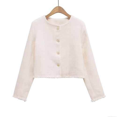 Women's Elegant Short Tweed Jacket Round Neck Single Breasted Fringed Trim Outwear Long Sleeve Cropped Coat For Office Party Socialite Style
