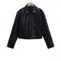 Women's Short Faux PU Leather Jacket Fashion Casual Lapel Zip Up Moto Biker Coat Slim Fit Solid Color Long Sleeve Outwear for Women