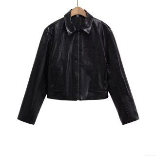 Women's Short Faux PU Leather Jacket Fashion Casual Lapel Zip Up Moto Biker Coat Slim Fit Solid Color Long Sleeve Outwear for Women