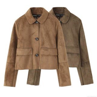 Women's Faux Suede Short Jacket Lapel Single Breasted Solid Color Outerwear Casual Vintage Style Coat With Pockets For Women
