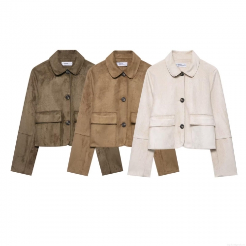 Women's Faux Suede Short Jacket Lapel Single Breasted Solid Color Outwear 100% Polyester Casual Streetwear Coat For Women