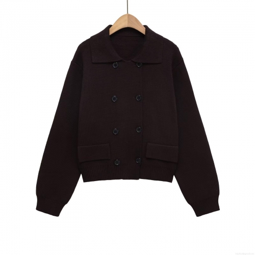 Women Elegant Knit Polyester Lapel Double-Breasted Cardigan Jacket Solid Color Long Sleeve Short Outerwear Coat For Autumn Winter Casual Daily Wear