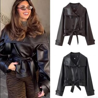 Women's Short PU Leather Jacket Double Breasted Belted Faux Leather Coat Retro Lapel Long Sleeve Streetwear Moto Biker Outerwear For Women